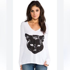 Lauren Moshi Shelly Cat Head Draped V-neck White Tee with Black Cat REVOLVE